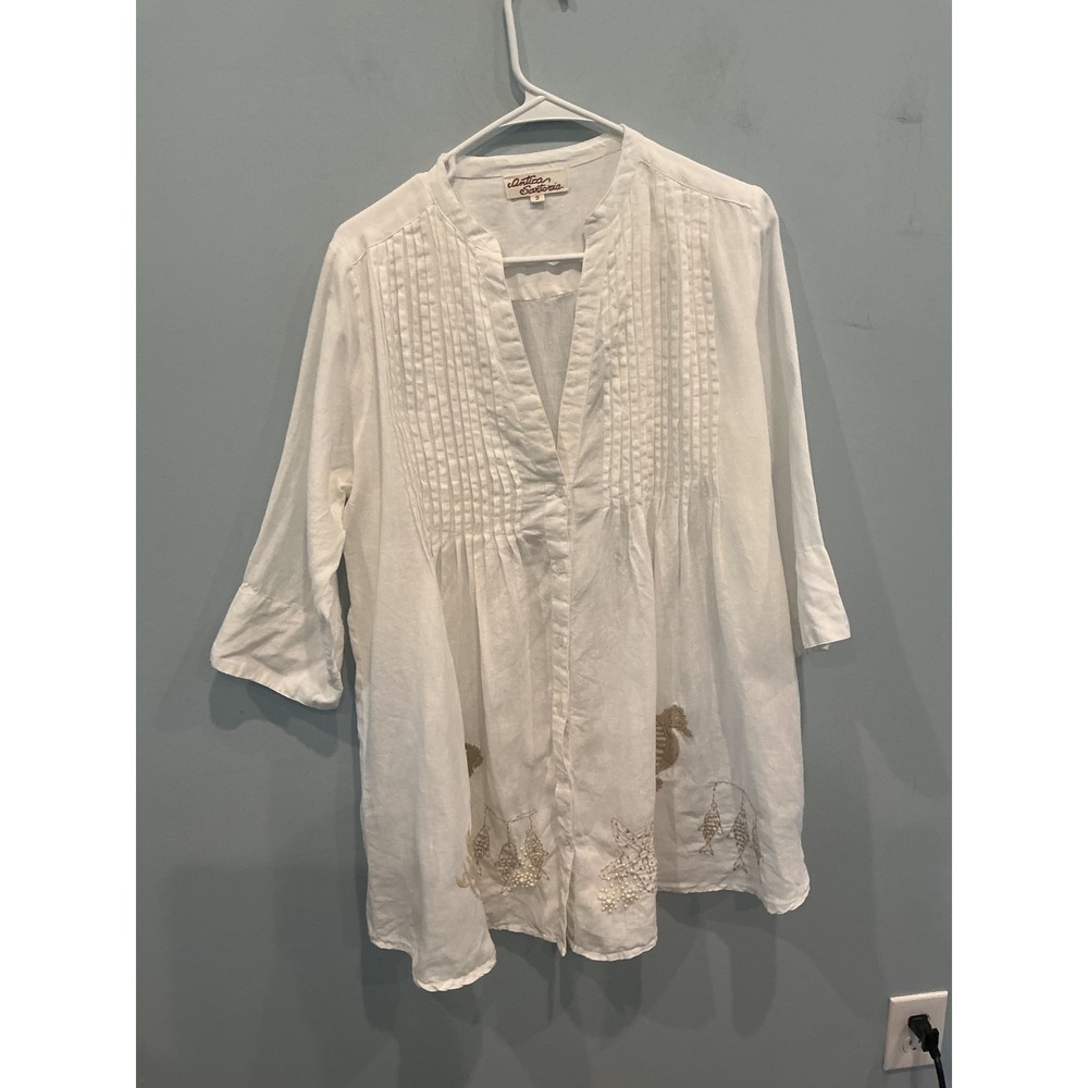 Antica Sartoria Womens Linen Tunic L XL White Beaded Beach Coastal Euro Summer